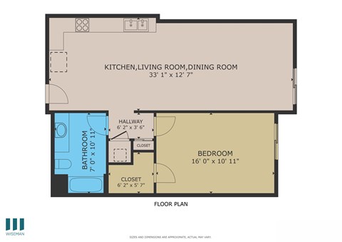 Floor plan for 1 bed, 1 bath, 788 sqft